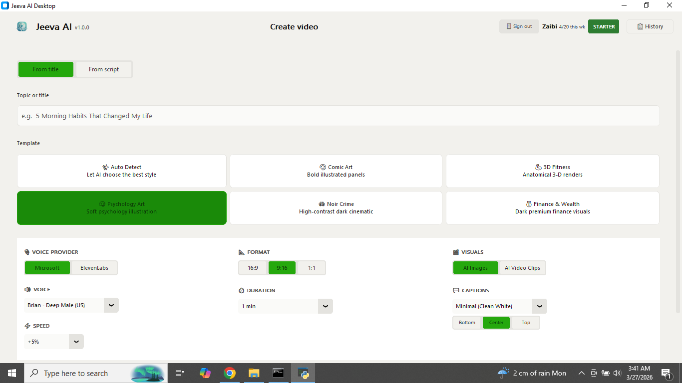 From Title mode — write a topic and generate a full script automatically