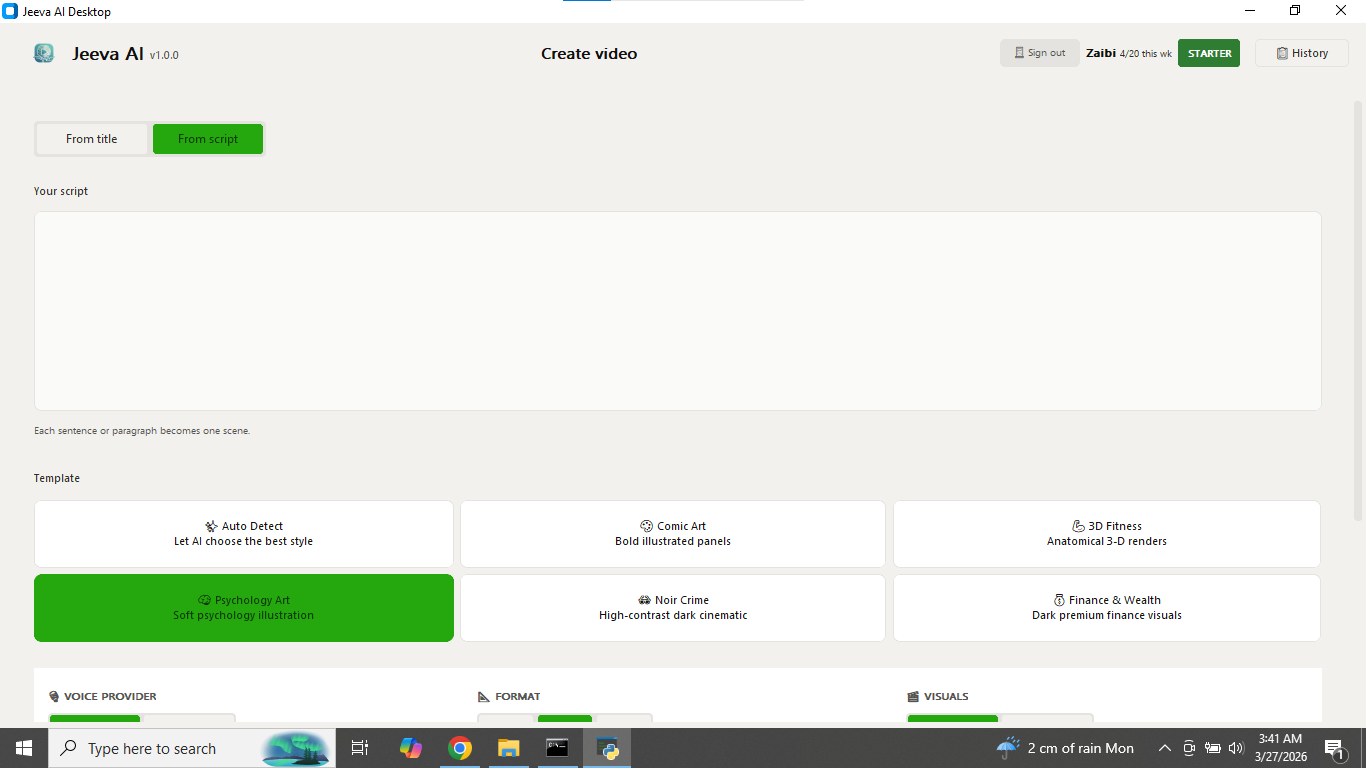 From Script mode — paste your own script, one sentence per scene